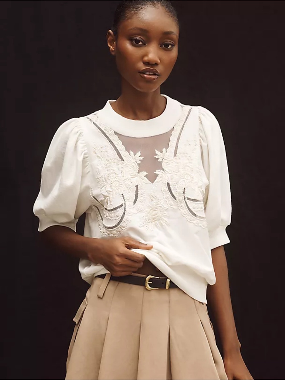 Anthropologie Puff-Sleeve Embellished Sweatshirt in White Elbow sleeve size L